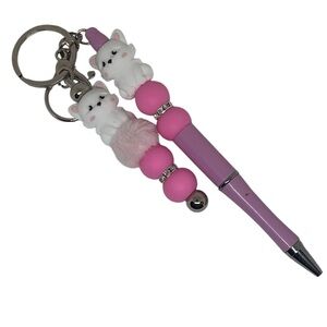 2 white Adorable Little Kittens/Cats Rhinestone Keychain and Pen